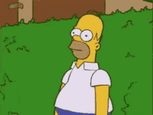Homer Simpson slowly disappearing backwards into a hedge